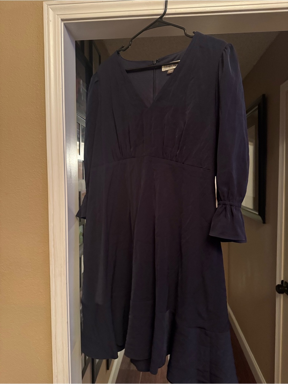 Women's V-Neck Long Sleeve Navy Dress with Flared Cuffs